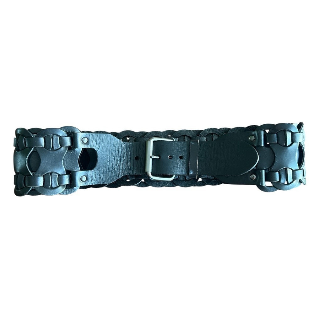 Black genuine leather 3 inch thick weaved belt